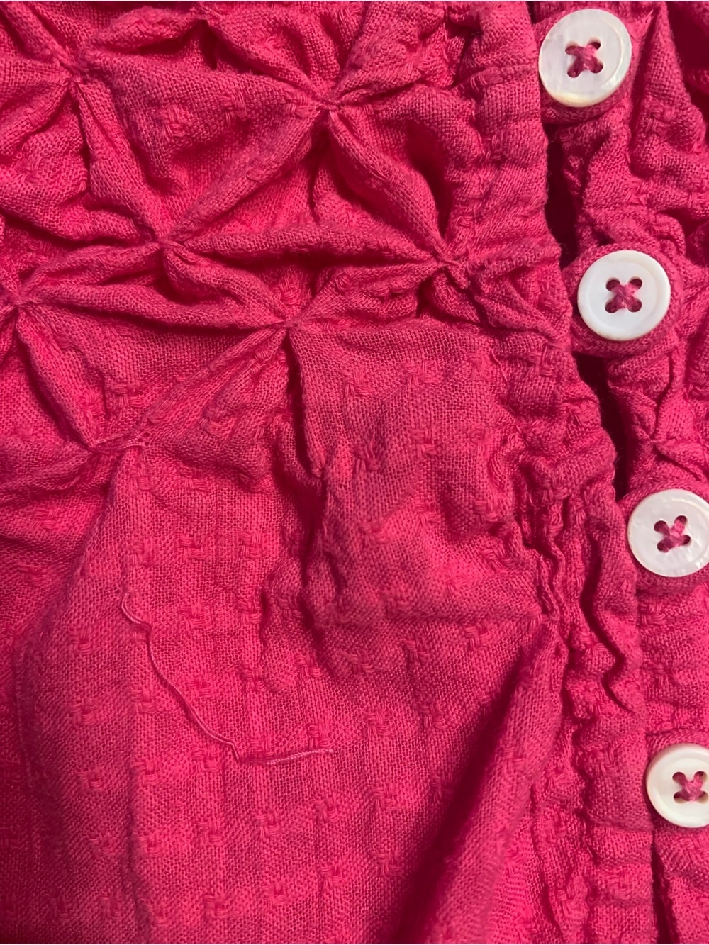 Sundance Bright Pink Smocked Button-Front Puff Sleeve Peasant Top - S - Picture 5 of 7